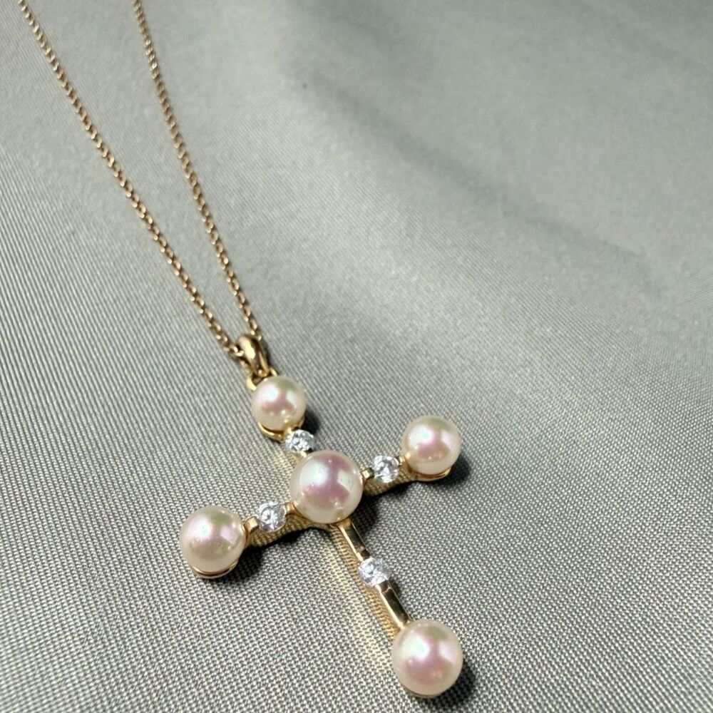 Authentic Majorica Spain Pearl & CZ Cross Pendant Necklace 18K Gold Plated 925